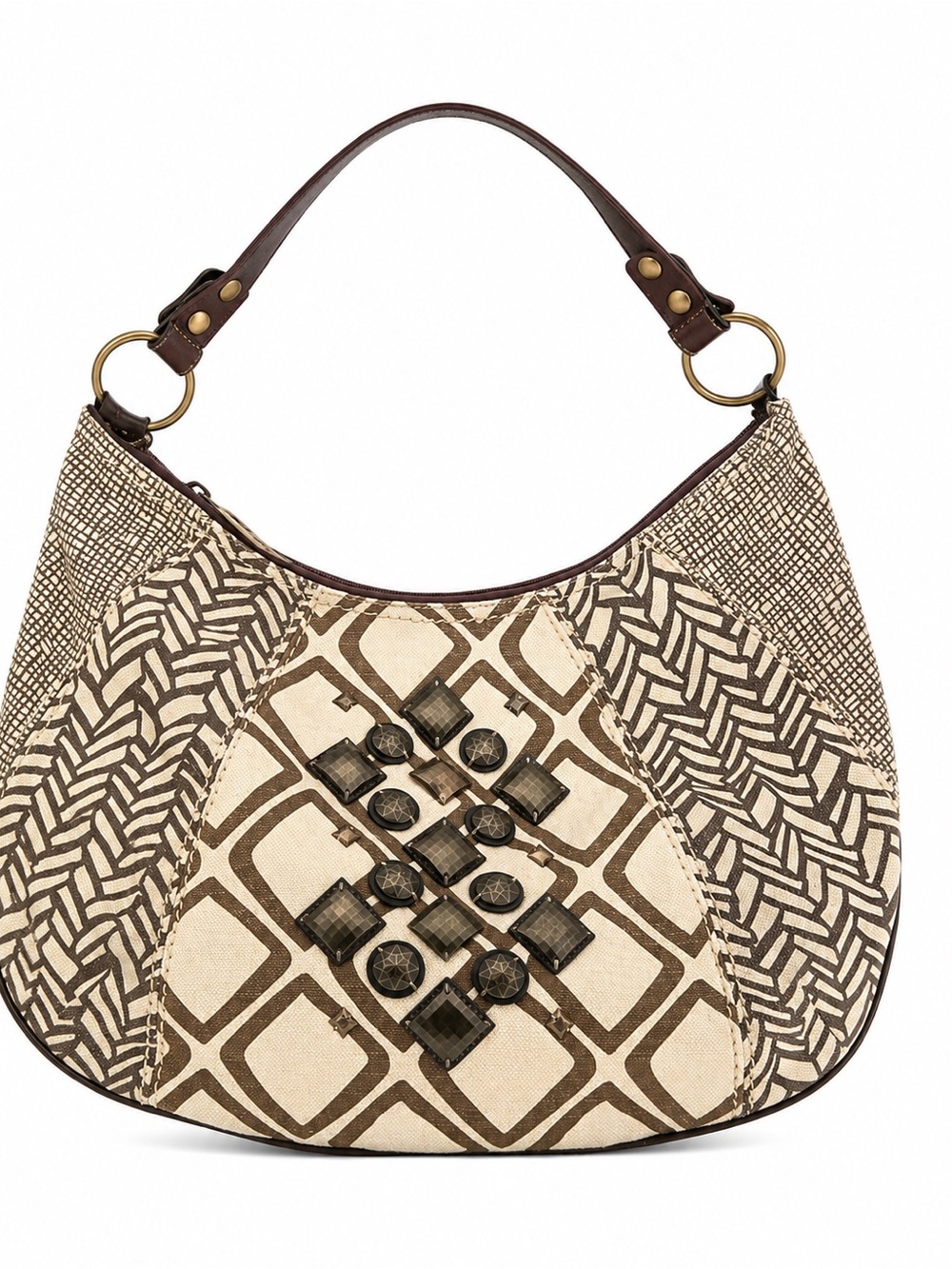 Vintage Fossil Ari hobo bag geometric canvas design studded embellishments
